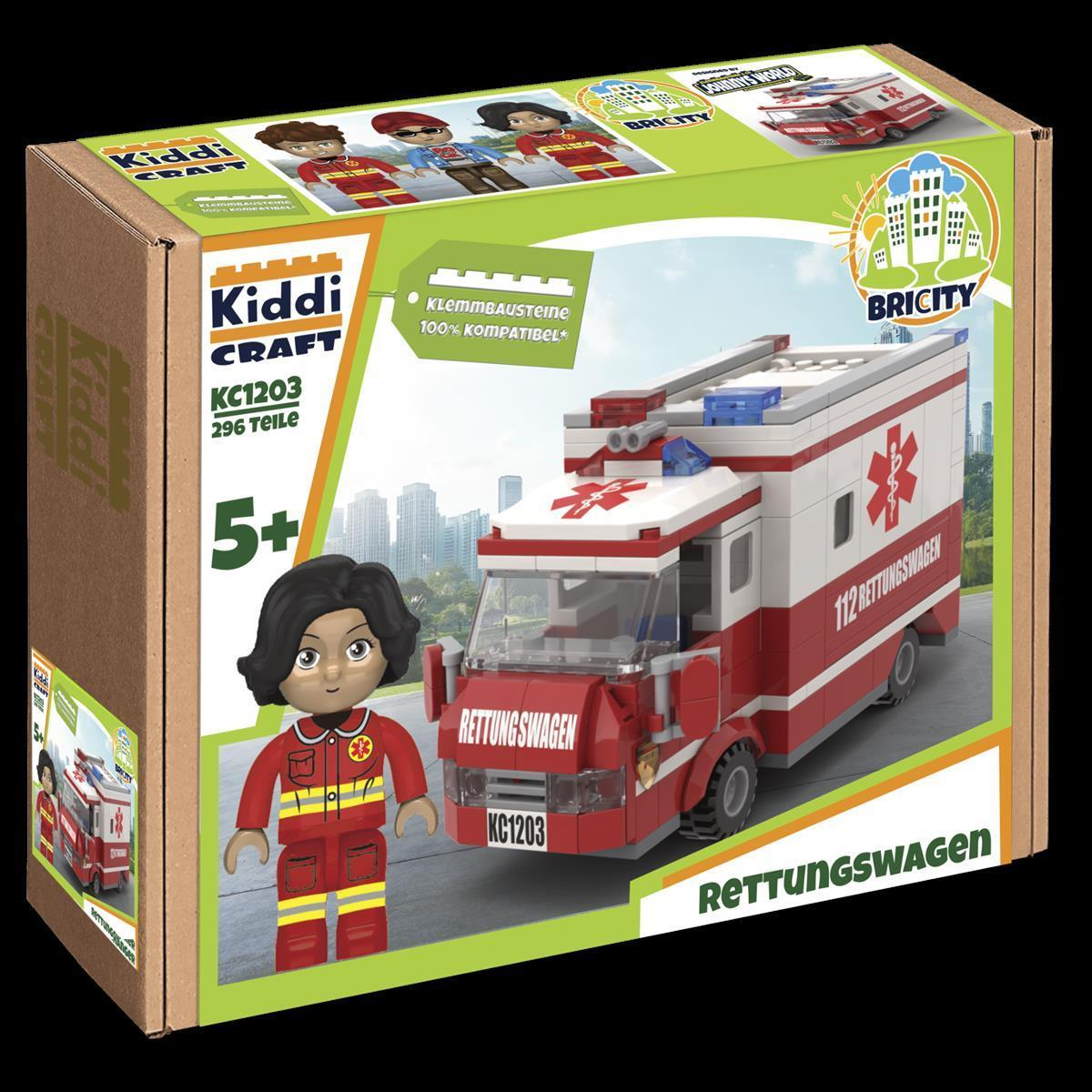 Kiddicraft KC1203 Rettungswagen – 296 Klemmbausteine – 3 KIDDIZ Figuren – Mit Aufklappbarer Seite – Kompatibel Mit Marktführer