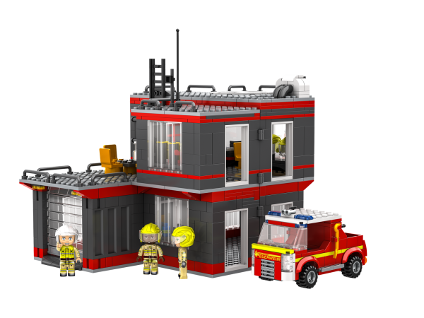 Kiddicraft KC1206 Feuerwehrstation – 958 Klemmbausteine, Aufklappbar, Mit 5 Figuren & Begleitfahrzeug, Kompatibel Mit Marktführer, Designed In DE